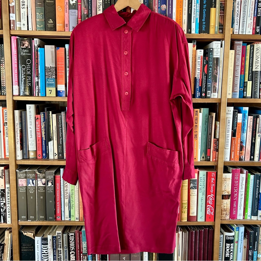 Vintage 80s Compagnie Internationale Express Maroon Shoulder Pads Shirt Dress M